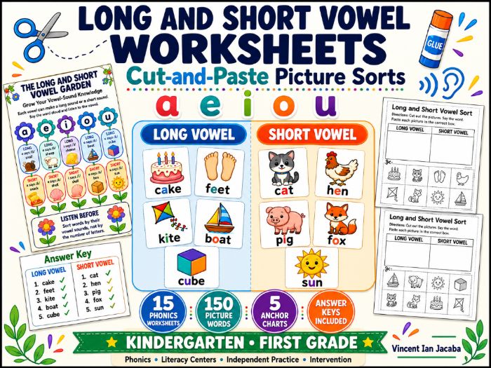 Long & Short Vowel Phonics Worksheets | Cut-and-Paste Picture Sorts