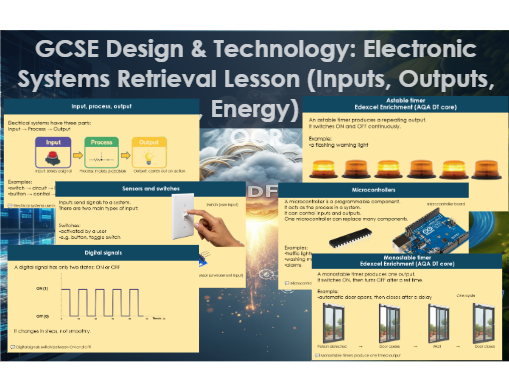GCSE Design & Technology: Electronic Systems Retrieval Lesson (Inputs, Outputs, Sensors, Signals, En