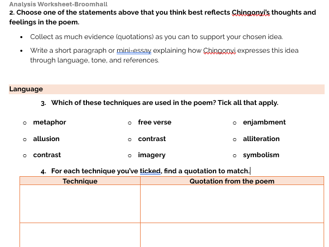 Broomhall by Kayo Chingonyi-Analysis Worksheet