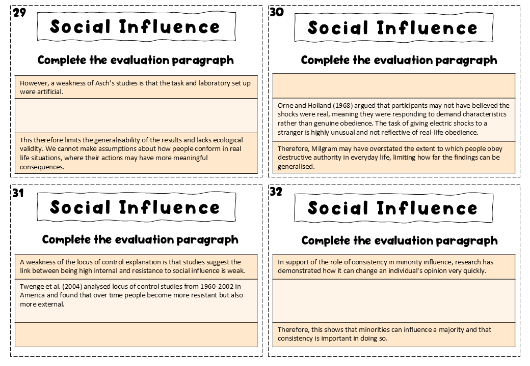 Social Influence Revision Activity: Task Cards A Level Psychology (AQA ...