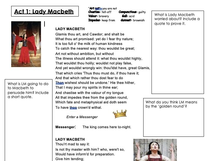 Lady Macbeth Act 1 Scene 5 Floating Questions Analysis Worksheet