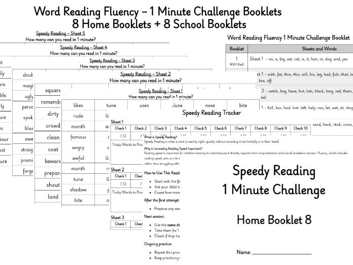 Word Reading Fluency – 1 Minute Challenge Booklets (8 Home Booklets + 8 School Booklets)