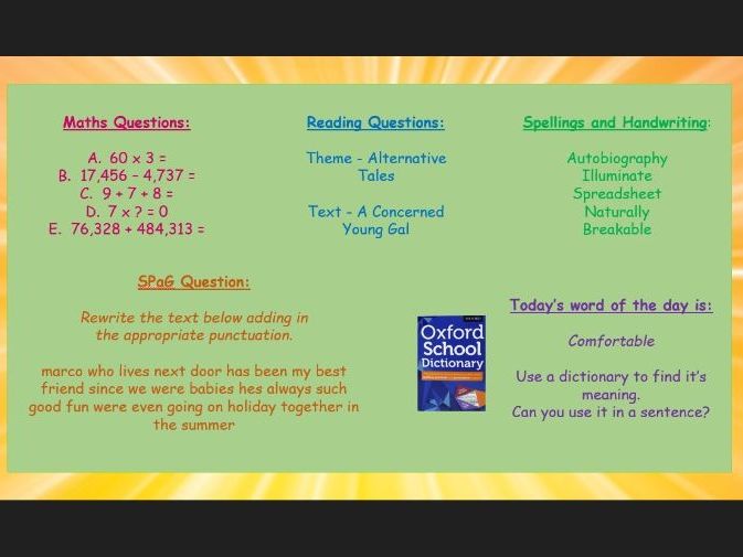 Daily Early Work Resources- Year 6