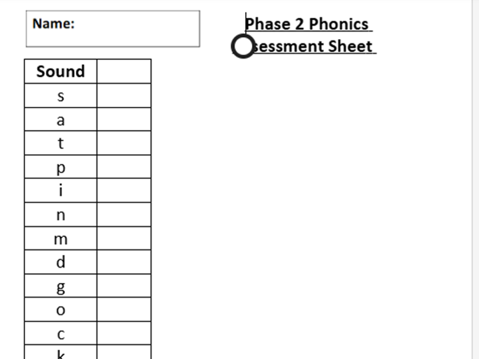 Phase 2 Phonics Assessment Sheet