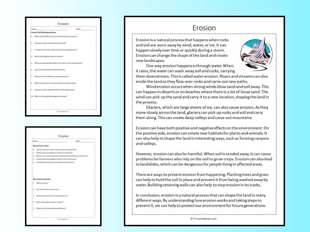 Erosion Reading Comprehension Passage Printable Worksheet | Teaching ...
