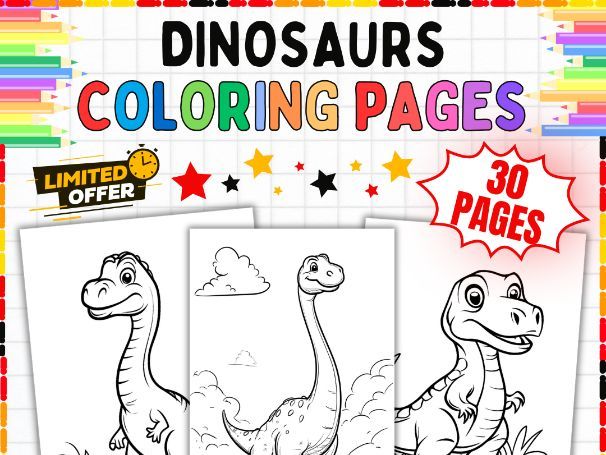 Dinosaurs Coloring Pages | Cute Cartoon Dino Art Activity Worksheets | Fine Motor Skills Practice