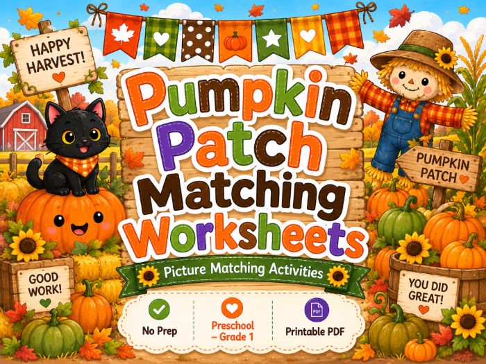 Pumpkin Patch Matching Worksheets | Fall Preschool Activities | Pre-K Kindergarten Grade 1