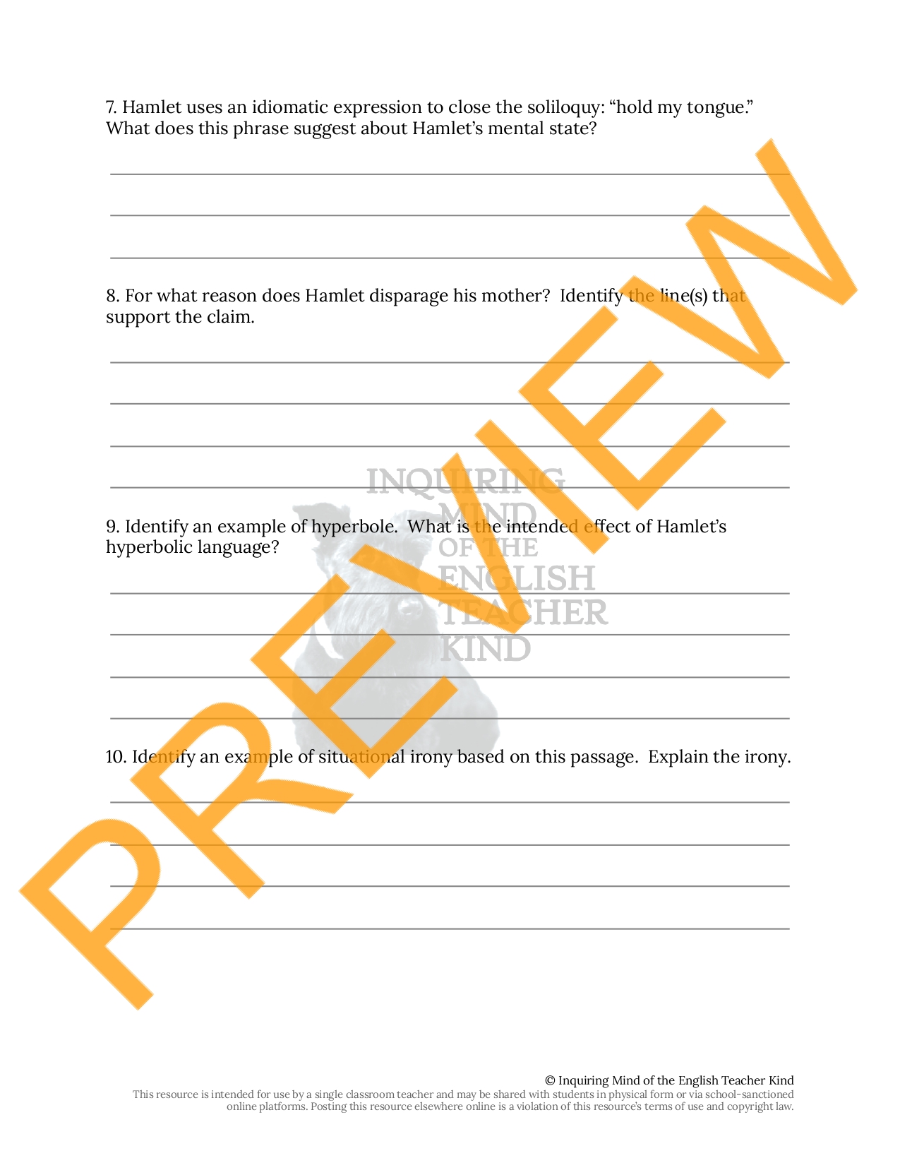 Hamlet Act 1 Scene 2 Close Reading Worksheet Teaching Resources
