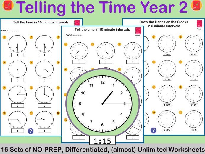 Tell & write time to five minutes - Year 2 Worksheets