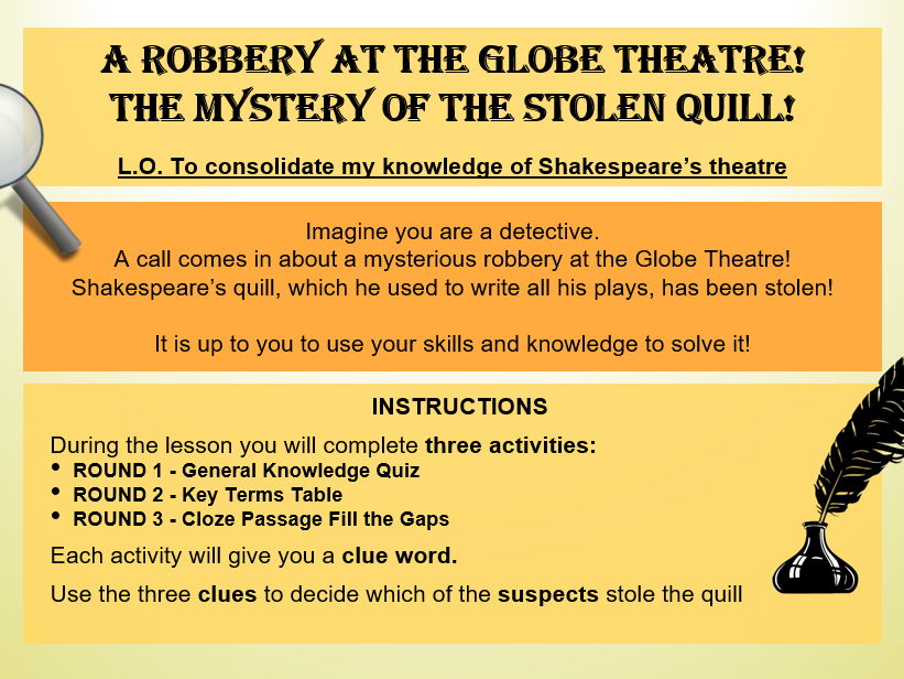 KS3 English Shakespeare's Theatre - Whodunnit - The Stolen Quill - Escape Room Lesson