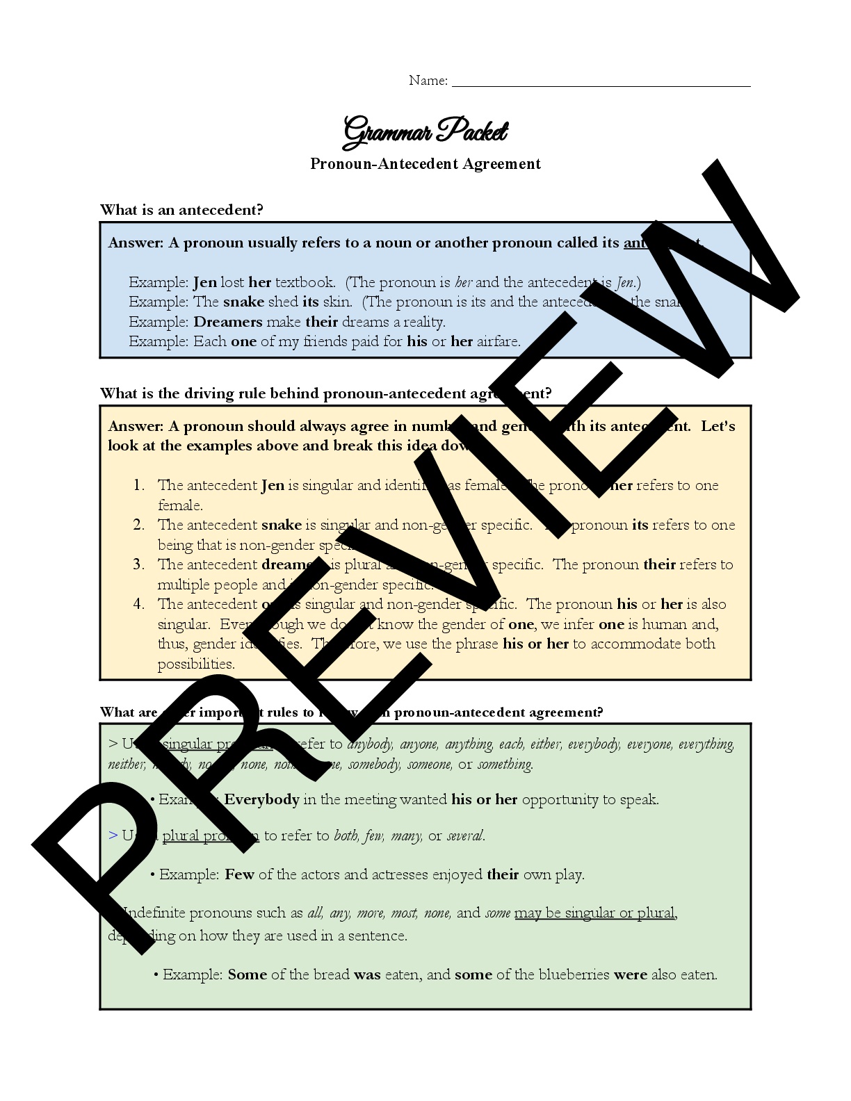 Grammar Worksheet on Pronoun-Antecedent Agreement | Teaching Resources