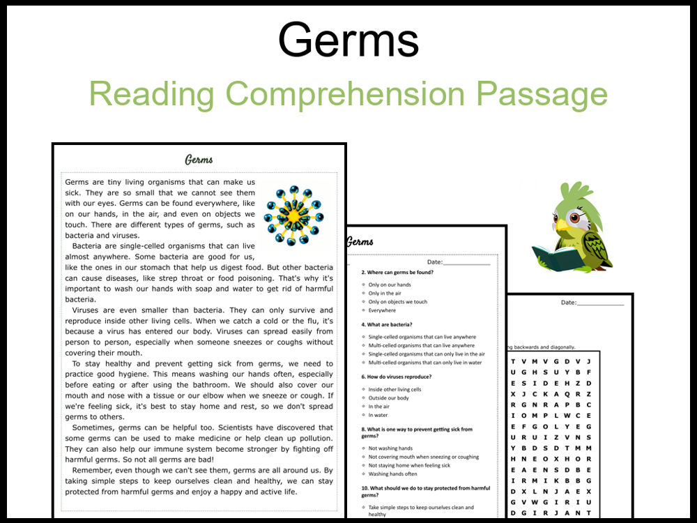 Germs Reading Comprehension and Word Search | Teaching Resources