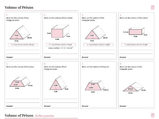 Volume of Prisms Worksheet GCSE Maths