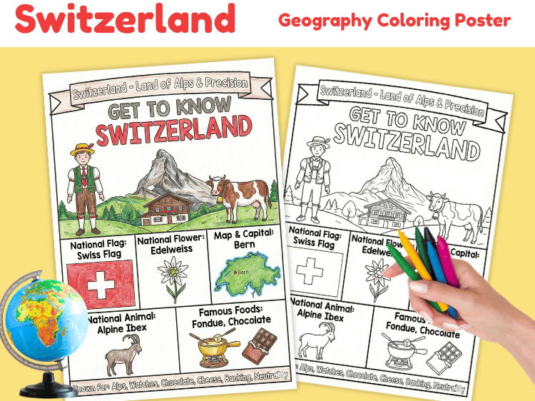 Switzerland Geography Coloring Poster | Country Facts Worksheet