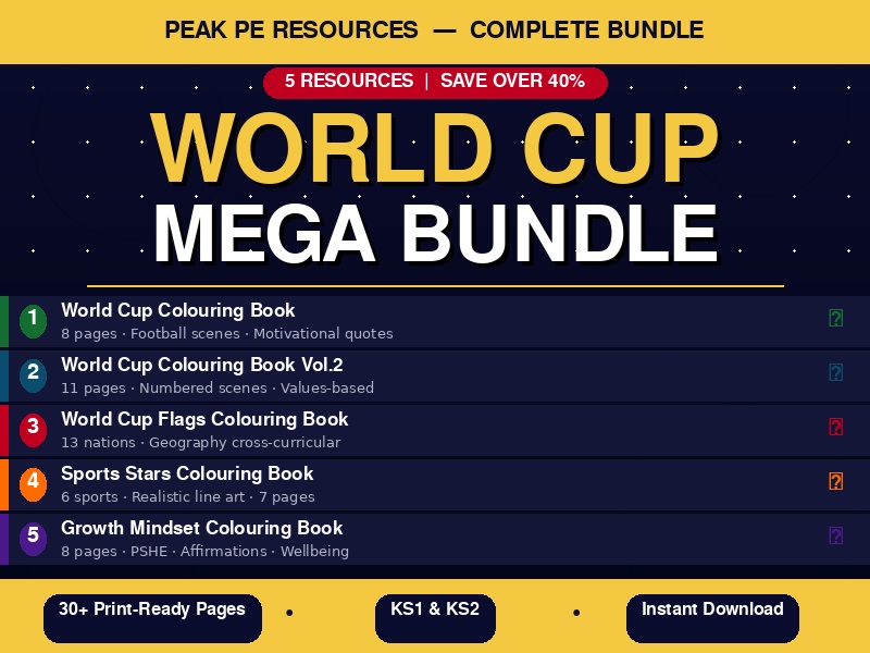 World Cup Mega Bundle | 5 Colouring Books | PE · PSHE · Geography | KS1 KS2 | Print & Go
