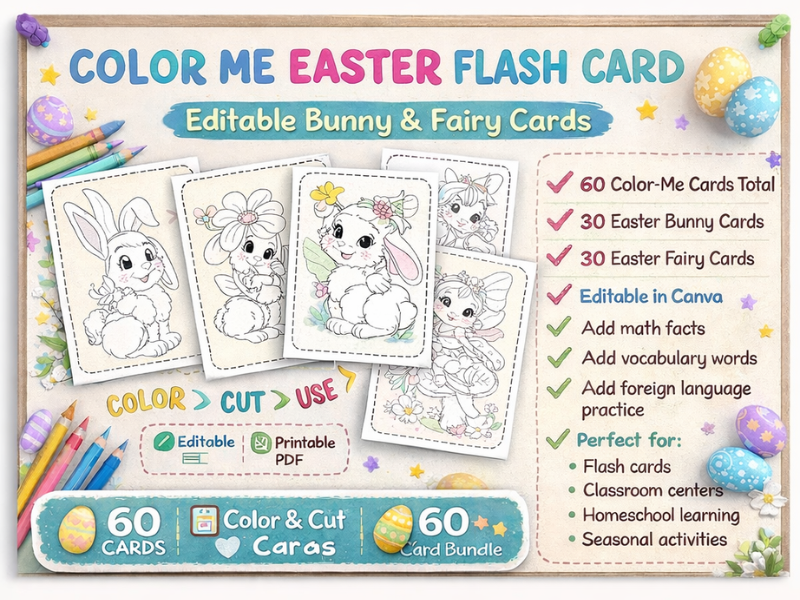 Color and Cut Easter Flash Cards Printable | Editable Easter Bunny and Easter Fairy Coloring Cards