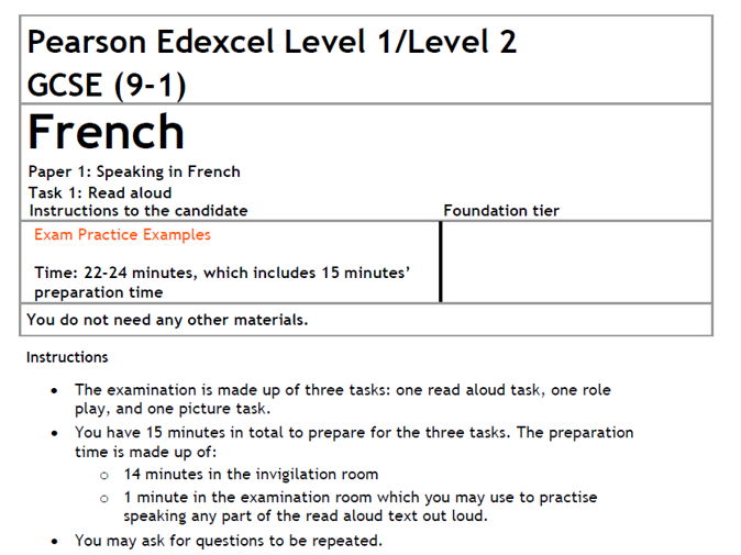 Read Aloud Exam Practice Examples Pack French Edexcel Foundation 2024 