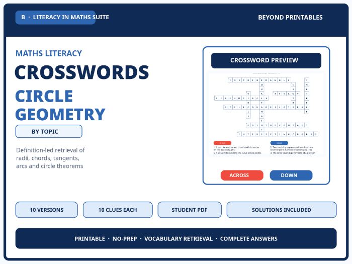 Circle Geometry Maths Crosswords | 10 Vocabulary Puzzles with Solutions