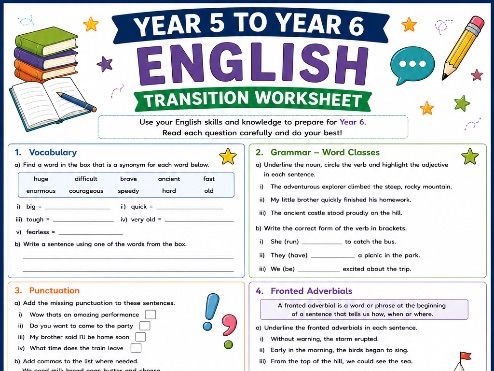 Year 5 to Year 6 English Transition Worksheet | End of Year English Revision | KS2 Summer Learning |