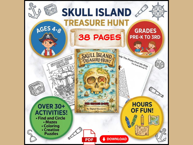 Skull Island Pirate Activity Pack | Find and Circle Worksheets and Maze Activities for K–3