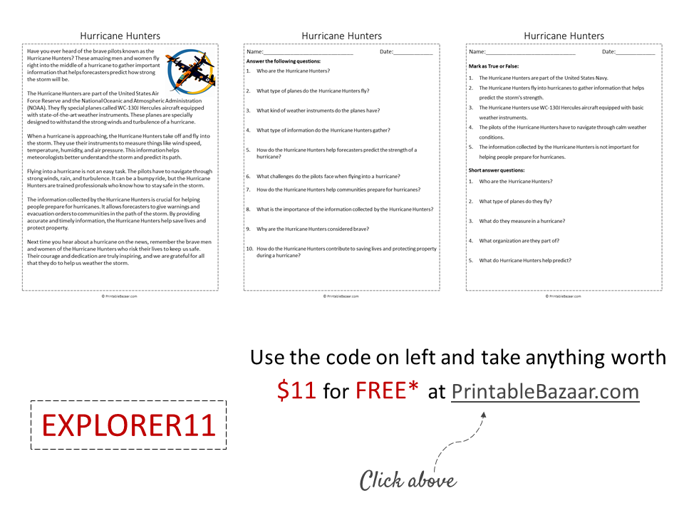 Hurricane Hunters Reading Comprehension Passage Printable Worksheet ...
