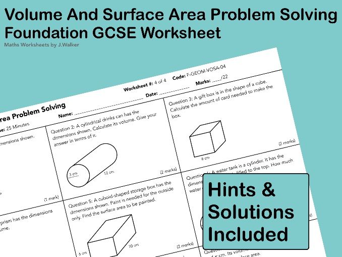 GCSE Maths Worksheet: Volume And Surface Area Problem Solving - Foundation Tier