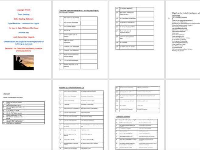 French, Reading (la lecture), Translation and match-up with extension and differentiation