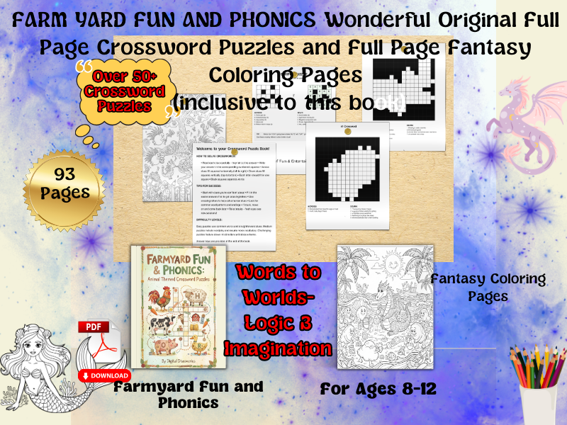 Farmyard Fun & Phonics: Animal-Themed Crossword Puzzles with Fantasy Coloring Breaks for Ages 8–12