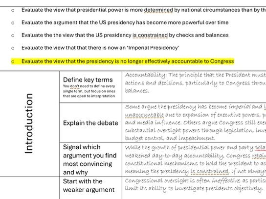 US Presidency - Essay Planning