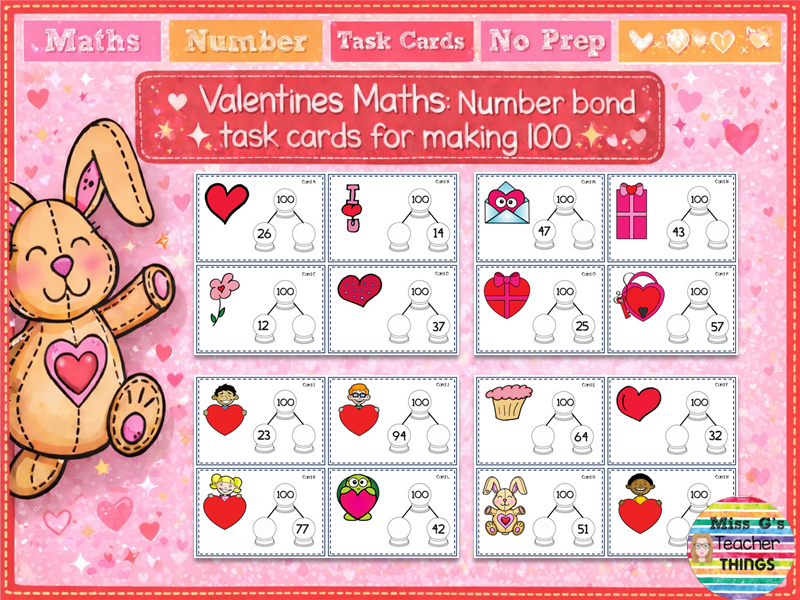 Valentines Maths Number Bond Task Cards for making 100 - Math Center