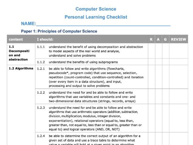 GCSE Computer Science Student Checklist (RAG RATING) Paper 1 & 2