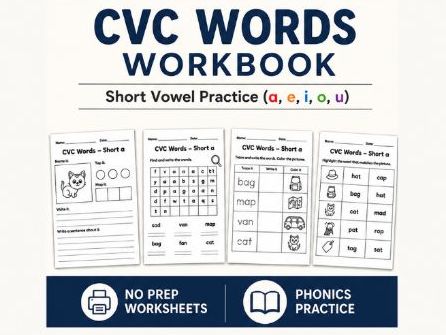 CVC Words Worksheets | Phonics Workbook Short Vowels (a, e, i, o, u)