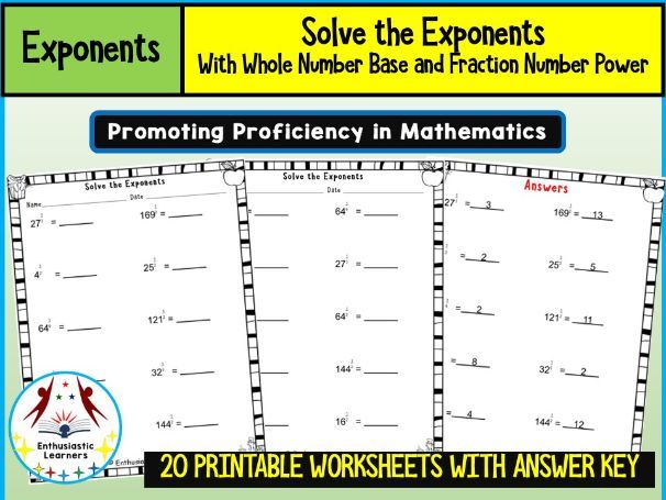 Exponents with Whole Number Bases and Fractional Powers Worksheets Math Problems