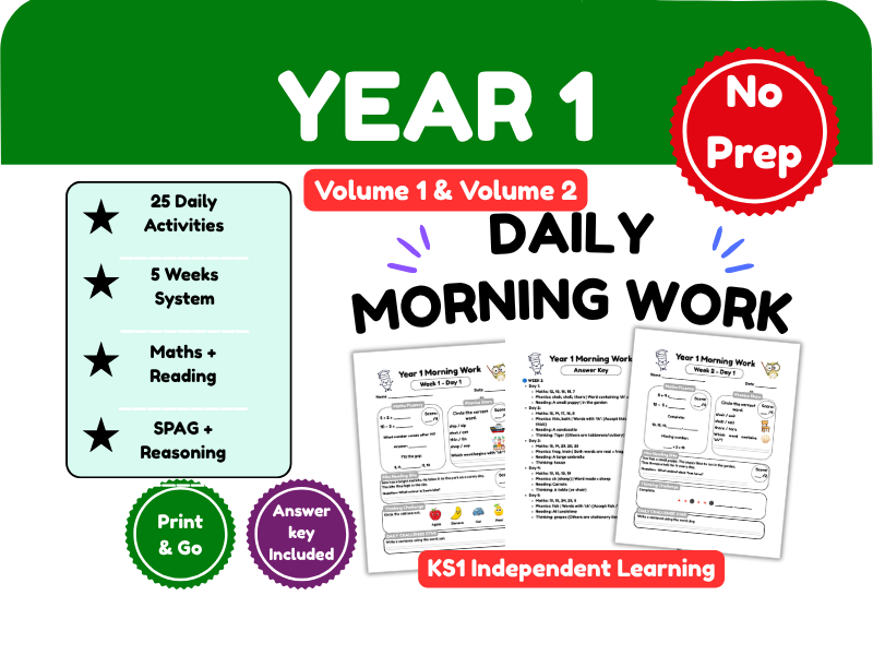 Year 1 Daily Morning Work Bundle | Volumes 1 & 2 | 50 No-Prep Morning Activities | Maths, Phonics, Reading & Thinking Skills | KS1