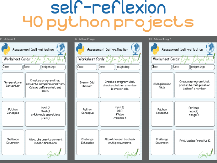 Python Worksheet Cards (Projects 1–40)