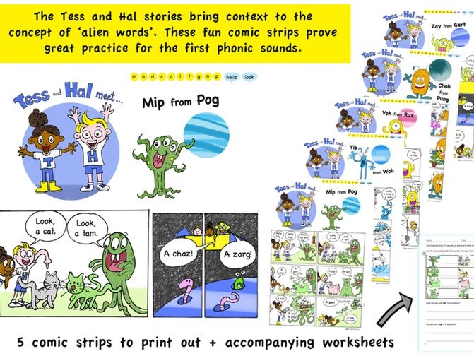 tess and hal comic strip stories and worksheets alien phonics words used for real teaching resources