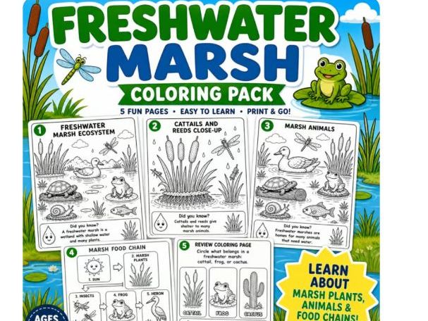 Freshwater Marsh Coloring Pages | Wetland Habitat Science Activities for Kids