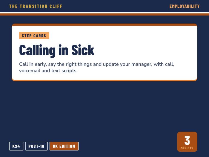 Calling in Sick Step Cards and Scripts: Phone, Voicemail and Text for SEND Employability (UK)