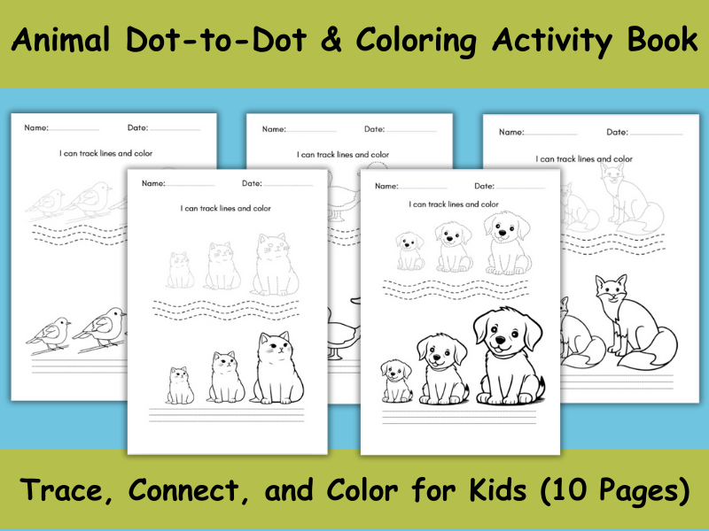 Animal Dot-to-Dot & Coloring Activity Book – Trace, Connect, and Color for Kids (10 Pages)