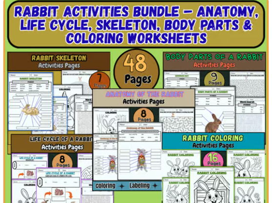 Rabbit Activities Bundle – Anatomy, Life Cycle, Skeleton, Body Parts & Coloring