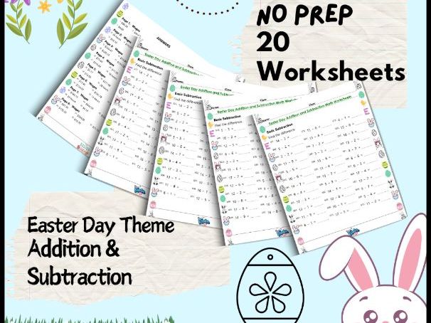 Easter Math Worksheets: Addition & Subtraction Practice Pack of 20 Worksheets