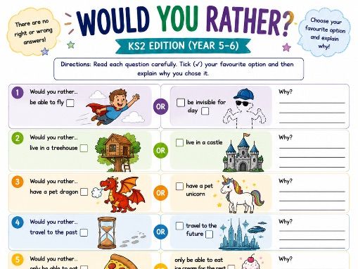 KS2 Would You Rather? Activity Worksheet | End of Year Fun | Years 3–6 | Speaking & Writing