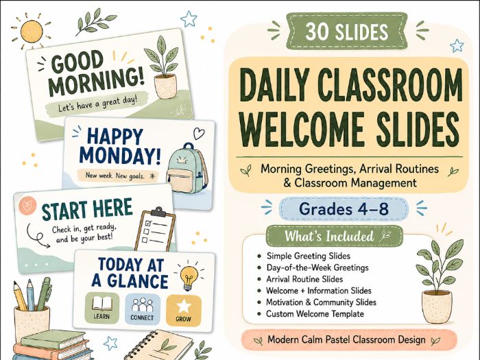 Daily Classroom Welcome Slides | Morning Greetings, Arrival Routines & Classroom Management