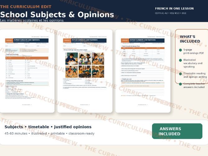 French School Subjects and Opinions Illustrated Worksheet | A1–A2 | Answers