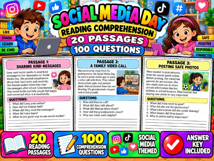 Social Media Day Reading Comprehension | 20 Passages, 100 Questions & Answer Key