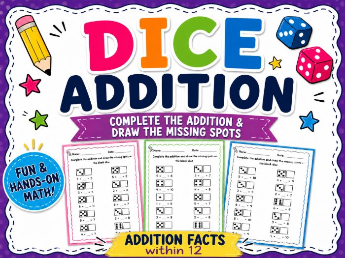 Year 1/2 Fill in the dice worksheet to complete additions