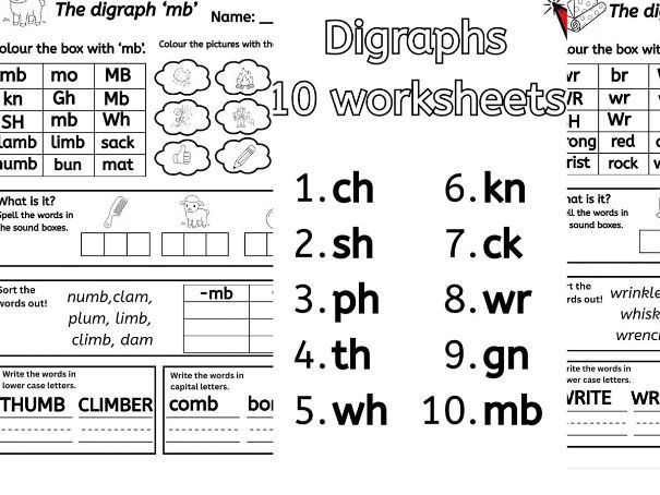 Digraphs Phonics 10-Worksheet Bundle (ch, sh, ph, th, wh, kn, ck, wr, gn, mb)