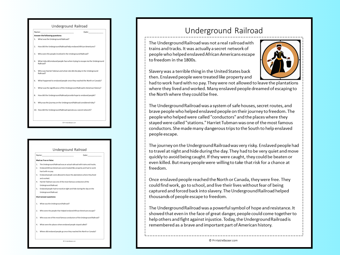 Underground Railroad Reading Comprehension Passage Printable Worksheet | Teaching Resources