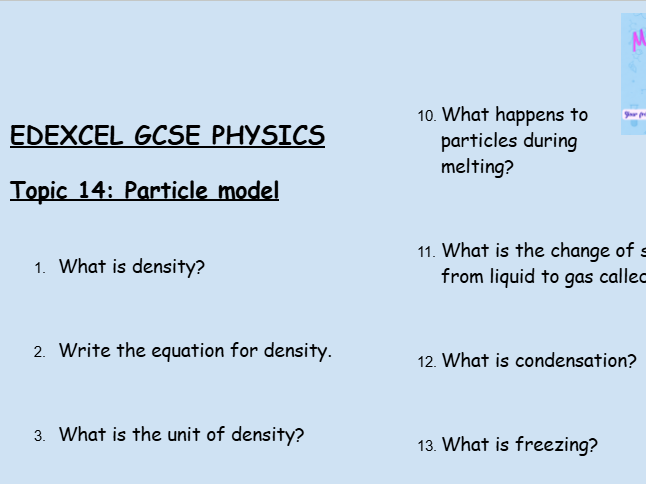 GCSE Edexcel Physics Topic 14: Particle Model Revision Worksheet