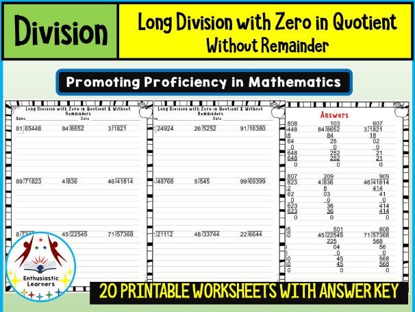 Long Division without Remainder and with Zero in the Quotient Worksheets Math Problems